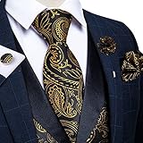 DiBanGu Mens Paisley Suit Vest Silk Jacquard Waistcoat and Necktie Set Formal Shawl Collar Dress Vest 7PCS for Wedding Party, Black and Gold, X-Large