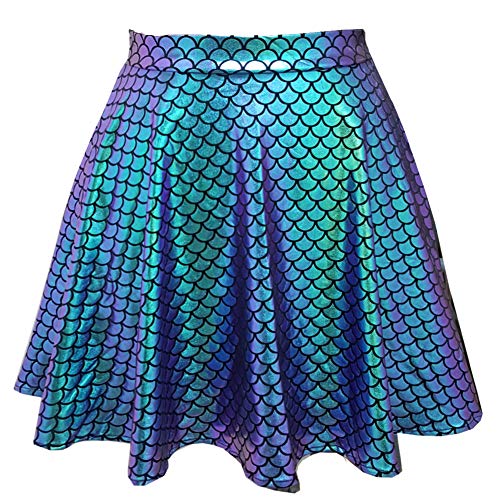 pinda Rave Outfits Iridescent Mermaid Party Supplies Holographic High Waisted Flare Skater Skirt (S, 369GMD)