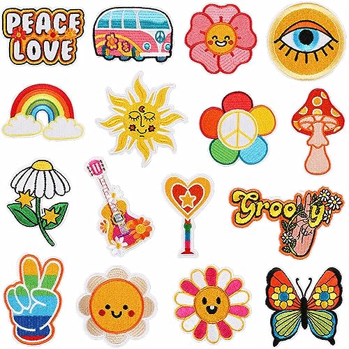 16 Pcs Hippie Iron on Patches Vintage Sew on Embroidered Applique Patches Peace Sign Repair Patch Retro DIY Craft Accessories for Clothing Backpacks Hat Jeans Jacket