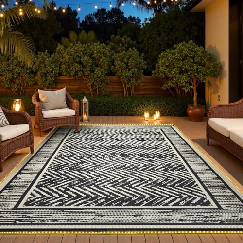 COCOER Outdoor Rug-8x10 Waterproof Patio Rug with LED Strip Lights-Reversible Outdoor Carpet Plastic Straw Outside Rug for RV Porch Balcony
