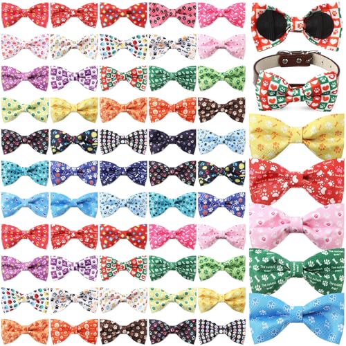 Cosblank 60 Pcs Paw Bone Print Dog Collar Bow Ties Bulk Dog Grooming Supplies Bowtie Accessories Puppy Bows Detachable Collar Charms for Small Medium Large Cat Pet Costume