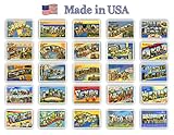 GREETINGS FROM 50 American states vintage reprints postcard set (ca. 1930-1940's). Large letter name postcards of each U.S. state. Post card variety pack. Made in USA.