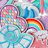 Jefuzh 16 PCS Unicorn Iron on Patches, Cute Rainbow Star Heart Butterfly Diamond Sew on Embroidered Applique Repair Embroidery Patch DIY Craft Accessories for Kids Girls Clothing Backpack Hat