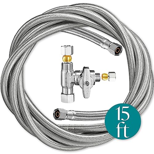 Refrigerator Ice Maker Water Line Kit - 15' Braided Stainless Steel Fridge Water Line with 1/4" Compression Fittings Pex Tubing Core and Water Splitter