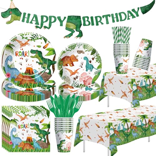 Srua Don Dinosaur Birthday Party Supplies Boy - Dino Dinosaur Birthday Decorations Tableware, Paper Plate, Cup, Napkin, Tablecloth, Cutlery, Happy Birthday Banner, Dinosaur Party Decorations, Serve 24