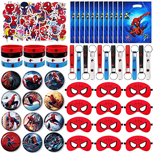 Spider Birthday Party Supplies,124Pcs Spider Party Favors Including Gift Bag, Spider Masks, Bracelet, Key Chain, Button Pins, Stickers, Goodie Bags for Spider Themed Party Classroom Rewards Christmas Prizes