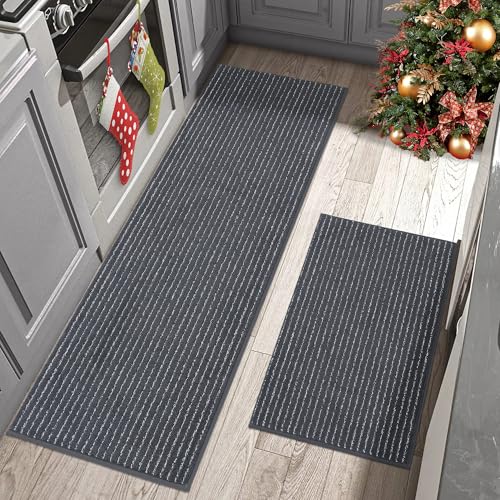 BEQHAUSE Kitchen Rugs Set of 2 Non-Slip Kitchen Runner Rug Washable Kitchen Mats for Floor Absorbent Soft Kitchen Area Rug for Sink,Laundry,Hallway&Kitchen 24”x35”+24”x60” Dark Grey