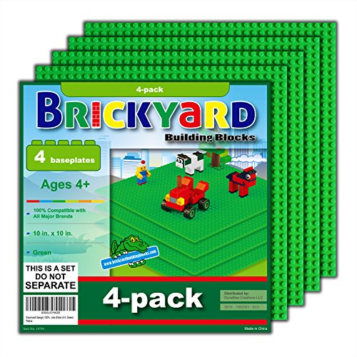Brickyard Building Blocks Lego Compatible Baseplate - Pack of 4 Large 10 x 10 Inch Base Plates for Toy Bricks, STEM Activities & Display Table - Green