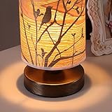 Bieye L10272 Birds in The Tree Wooden Style Table Lamp Night Light with Wood Lampshade Bronze Metal Base for Bedside Bedroom Living Room, Cylinder-Shaped (Bronze)