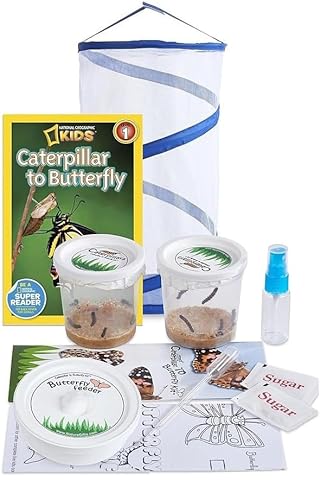 Live Butterfly Growing Complete Kit - Includes 10 Live Caterpillars - All-in-One Kit with Net Cage, Food, and Rearing Supplies - Book Bundle