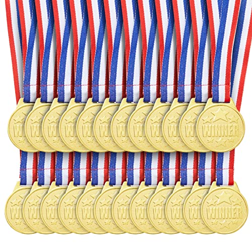 Juvale 24 Pack Gold Winner Medals for Kids and Adults - Participation Awards with 15.3-Inch Red, White, and Blue Neck Ribbons for Sports, Tournaments, Competitions (Metal, 1.5 in)