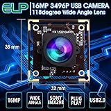 ELP 16MP Wide Angle USB Camera Module for Raspberry Pi and Computer 4K Mini UVC USB2.0 Video Webcam Board with 118degree No Distortion Lens IMX298 Industrial PC Lightburn Camera for Laptop,Jetson Nano