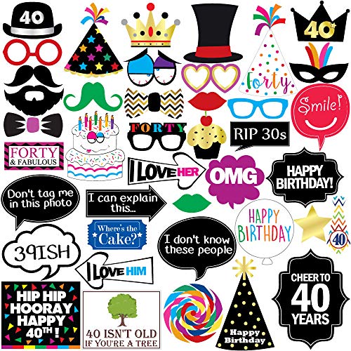 40th Birthday Photo Booth Party Props - 40 Pieces - Funny 40th Birthday Party Supplies, Decorations and Favors