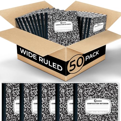 Rosmonde 50 Pack Composition Notebooks Bulk, Wide Ruled Composition Notebook, 200 Pages (100 Sheets), 9-3/4 x 7-1/2, Black Marble, Bulk School Supplies, Office Notebooks, Bulk Notebooks for School