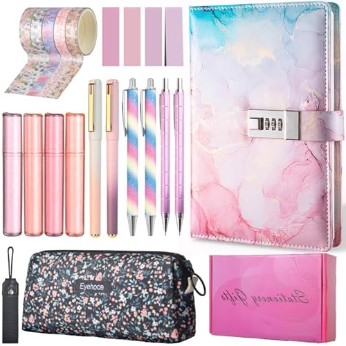 Journaling Supplies Kit 24 PCS for Women and Girls, School Supplies, Stationary Set, Diary with Lock, Pencil Pouch, 4 Highlighters, 2 Gel Pens, 2 Ballpoint Pens, 2 Pencils, Ideal Gifts