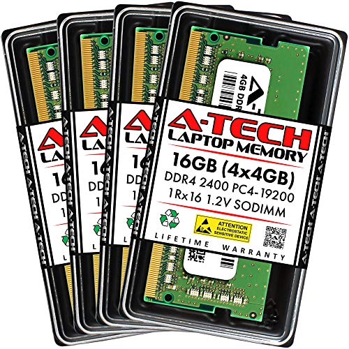 A-Tech 16GB (4x4GB) DDR4 2400MHz SODIMM PC4-19200 1Rx16 Single Rank 260-Pin CL17 1.2V Non-ECC Unbuffered Notebook Laptop RAM Memory Upgrade Kit