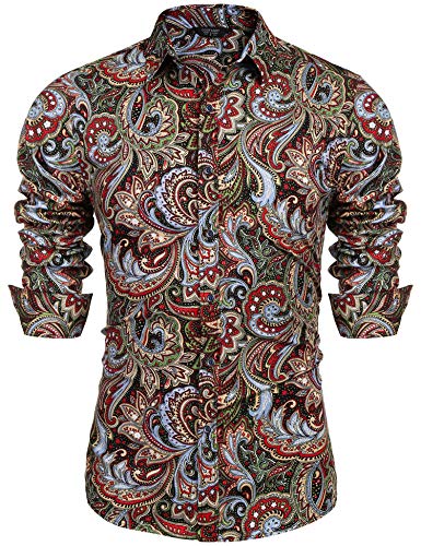 COOFANDY Men's Floral Print Button Down Casual Long Sleeve Hawaiian Retro Flower Shirt(Wine Red,XL)