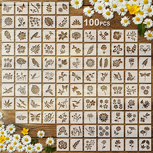 100 Pcs Stencils for Painting on Wood Reusable Stencil Crafts Drawing Templates Holiday Wall Paper for DIY Scrapbook Home 2 x 2 Inch(Flower, Plants)