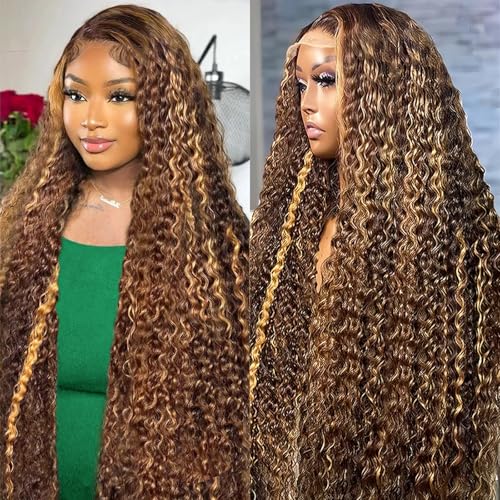 Jilho 30 Inch Water Wave 13x6 HD Lace Front Wigs Human Hair Ombre Honey Blonde Wig P4/27 Highlight Wet and Wavy Curly Human Hair Frontal Wigs Pre Plucked 200 Density Glueless Frontal Wigs for Women