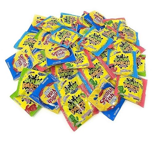 Bulk Gummy Candy Assortment - 1.5-Lbs Sour Patch Kids Original, Tropical and Watermelon, and Swedish Fish Minis - Sweet and Sour Soft Candy Party Mix Snack Assortment - Individually Wrapped (24-Oz)