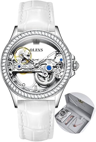 OLEVS Women Watch Skeleton Set Automatic Mechanical Silver Stainless Steel Luxury Dress Waterproof Luminous Lady Watch Gift Set