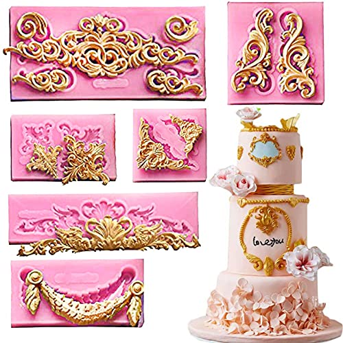 (Set Of 6) Baroque Fondant Molds for Cake Decorating Curlicues Scroll Lace Border Candy Silicone Mold for Sugarcraft, Cupcake Topper