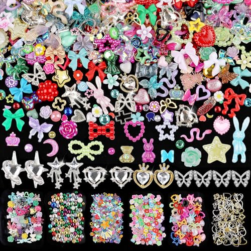 620pcs Mixed 3D Nail Charms Kit, 12pcs Luxury Metal Nail Rhinestones and 250pcs Resin Butterfly Flower Star Heart Bow Charms with 400pcs Flatback Pearls Rhinestone Metal Gems Charms (Mixed Color)