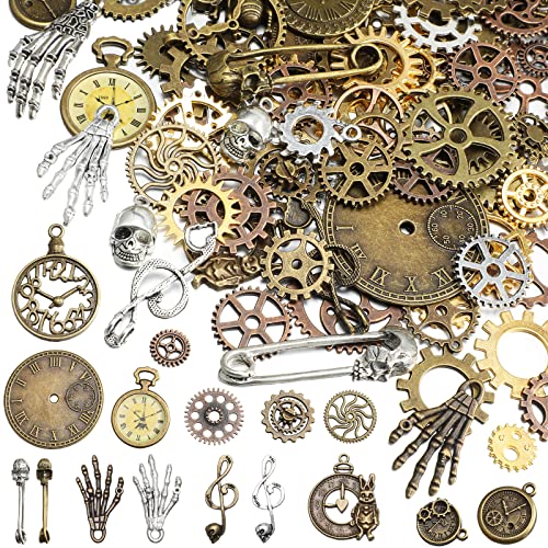 Hicarer 300 Gram Antique Bronze Gears Charms DIY Mixed Vintage Steampunk Gears Charms Pendant Clock Watch Cog Wheel for Crafting, Jewelry Making Accessory(Simple Style)