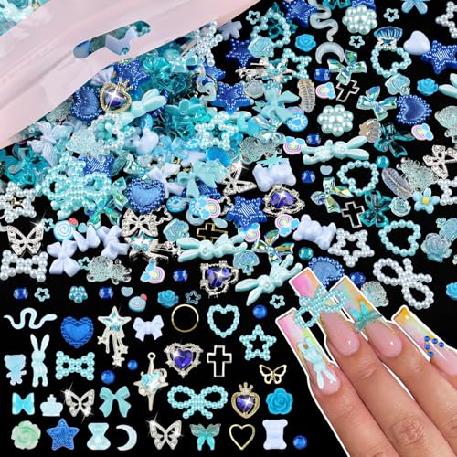 600Pcs Cute 3D Nail Charms and Gems, Blue Rabbit Bow Charms Alloy Butterfly Heart Star Nail Jewels with Nail Rhinestones, Mixed Gold Nail Studs Charms and Glitter Nail Sequins for Nail Design (Blue)