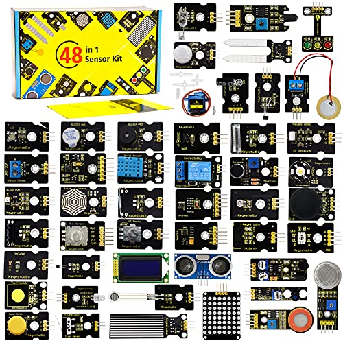 KEYESTUDIO 48 Sensors Modules Starter Kit for Arduino with LCD, 5v Relay, Sound, LED Modules, Servo Motor, Motion, Pressure Sensor, Gas Sensor, etc.Programming for Beginners Adults Learning