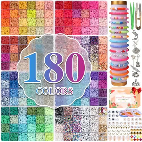 XSEINO 37300Pcs Clay Beads Bracelet Making Kit - 180Colors 8Boxes Polymer Clay Beads and 2 Styles Letter Beads，with Rich Jewelry Making Accessories and 3 Rolls Crystal Cord, for Crafts Christmas Gifts
