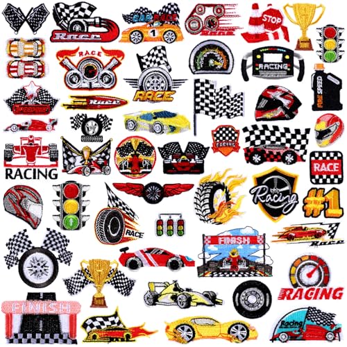 Tigeen 48 Pcs Racing Iron on Patches Checkered Racing Flag Patches for Clothes Jackets Jeans Dress Hats Backpacks Bags Accessory