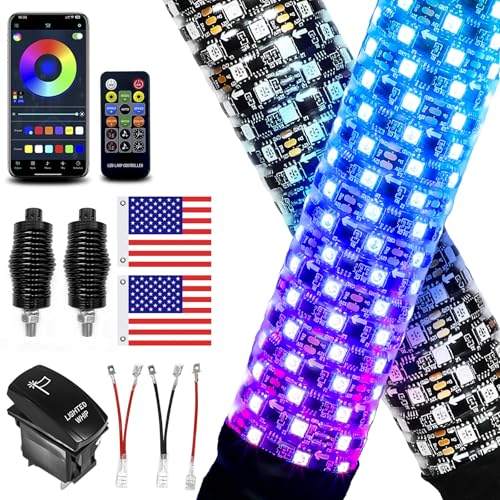 VI9000 2 Pack 2FT Fat Whip Lights, LED Whip Lights with App & Remote Control, Spiral RGB Chasing Lighted Antenna Whips with Rocker Switch, Music Whip Light for SXS UTV ATV RZRCan-Am X3 Off-Road