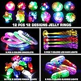 78PCs LED Light Up Toy Party Favors/Supplies Bulk Glow In The Dark For Adult Kids Birthday Halloween With 50 Finger Light, 12 Jelly Ring, 6 Flashing Glasses, 5 Bracelet, 5 Fiber Optic Hair Light