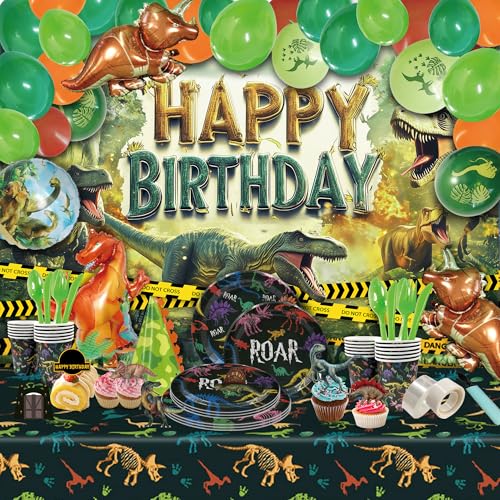 Party Spot!149 pcs Dinosaur Birthday Decorations, 12 Tableware Sets, Balloon Garland, Backdrop, Hanging Swirls, Dinosaur Birthday Party Decorations for kids