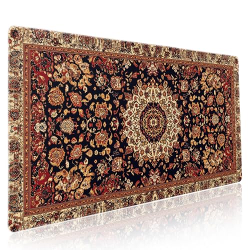 Vintage Rug Gaming Mouse Pad XXL Dark Brown Retro Carpet Aesthetic Extended Large Mat Mousepad Desk Pad Non-Slip Rubber Base Stitched Edge Flower Keyboard Pad Playmat for Computer,35.4×15.7 Inch