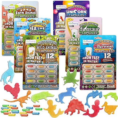 ArtCreativity Magic Growing Animal Capsules, 6 Theme Packs with 12 Capsules Each- Unicorn, Mermaid, Dinosaur, Sea Life Animal, Wild Animal, Farm Animal- Magic Grow Water Toys Party Favor Set for Kids