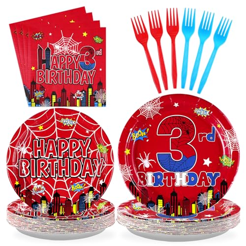 96Pcs Spider 3rd Birthday Decorations for Boys Super Theme Hero 3rd Birthday Plates and Napkins Blue Red Spider Three Year Old Decoration Favors for Kids 3 Year Old Party Supplies Serves 24
