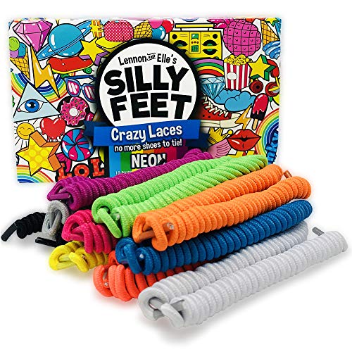 Silly Feet No Tie Shoe laces for Kids Shoelaces for Sneakers and Adults No Tie Curly Laces Twisty Elastic Children 10 Pairs Neon Colors