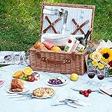 HappyPicnic Wicker Picnic Basket Set for 4 Persons | Large Willow Hamper with Large Insulated Cooler Compartment, Waterproof Blanket and Cutlery Service Kit-Classical Brown