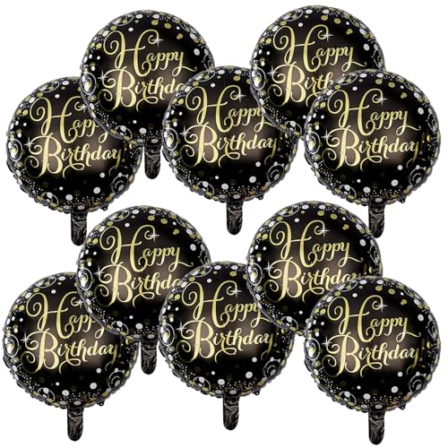 10 Pcs Happy Birthday Balloons, 18" Round Aluminum Foil Mylar Helium Balloon Inflatable Balloons for Birthday Party Decorations Supplies, Black Gold