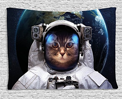 Ambesonne Space Cat Tapestry, Astronaut Cosmonaut Suit Kitty with Planet Earth Backdrop in Galaxy, Wide Wall Hanging for Bedroom Living Room Dorm, 80" X 60", White Green Dark Blue