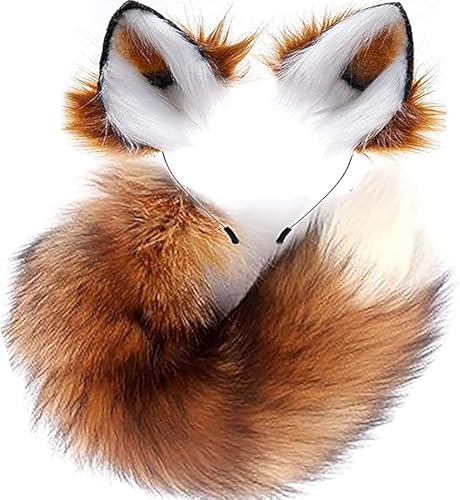 YXCFEWD Fox Costume Fox Ears Therian Tail Set Cat Wolf Ears Fluffy Furry Tail (Brown with White)