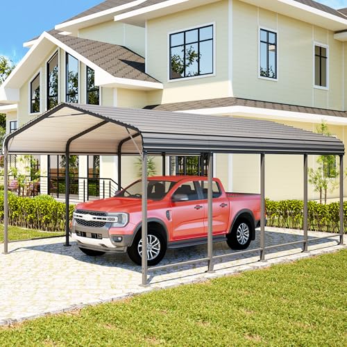12x20FT Metal Carport, Heavy Duty Carport Canopy with Reinforced Frame and Base for All-Weather, Outdoor Garage Car Port for Pickup Trucks, Boats, Tractors or Party