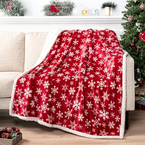 PAVILIA Premium Christmas Sherpa Throw Blanket | Red Snowflake Decoration, Fleece, Plush, Warm, Cozy Reversible Microfiber Holiday Blanket 50 x 60