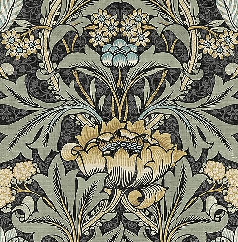 Acanthus Floral Vintage Prepasted Wallpaper (Charocal & Goldenrod)