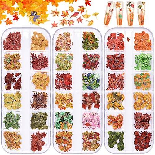 Kalolary 3 Boxes Fall Leaves Nail Art Sequins, 3D Maple Sycamore Ginkgo Leaf Nail Stickers Wood Pulp Glitter Flakes for Autumn Nail Art Decorations