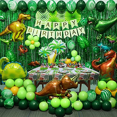 Dinosaur Birthday Decorations, 284 Pcs Dinosaur Birthday Party Supplies-20 Guest-Include Tableware, Balloons, Cupcake Toppers, Napkins, Banners, Curtain, Paper Fans, Stickers