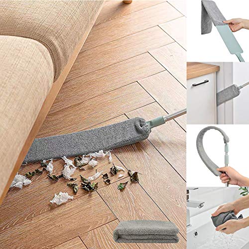Dust Brush Under Appliance Microfiber Duster with Extension Pole (40 to 55 inches) Bendable, Washable, Extendable Gap Dusters for Sofa Bed Fridge Furniture Bottom - Wet or Dry