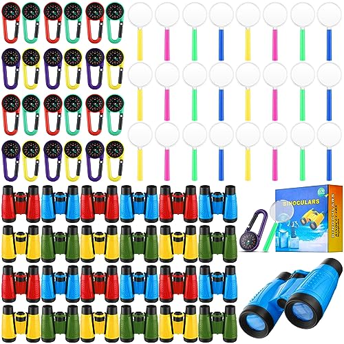 Wettarn 24 Pack Kid Mini Compact Binocular Compass Magnifying Glass Set for 3-12 Years Boy Girl Toddler Small Telescope Binocular for Kid Bird Watching Camping Hiking Exploring Outdoor Play